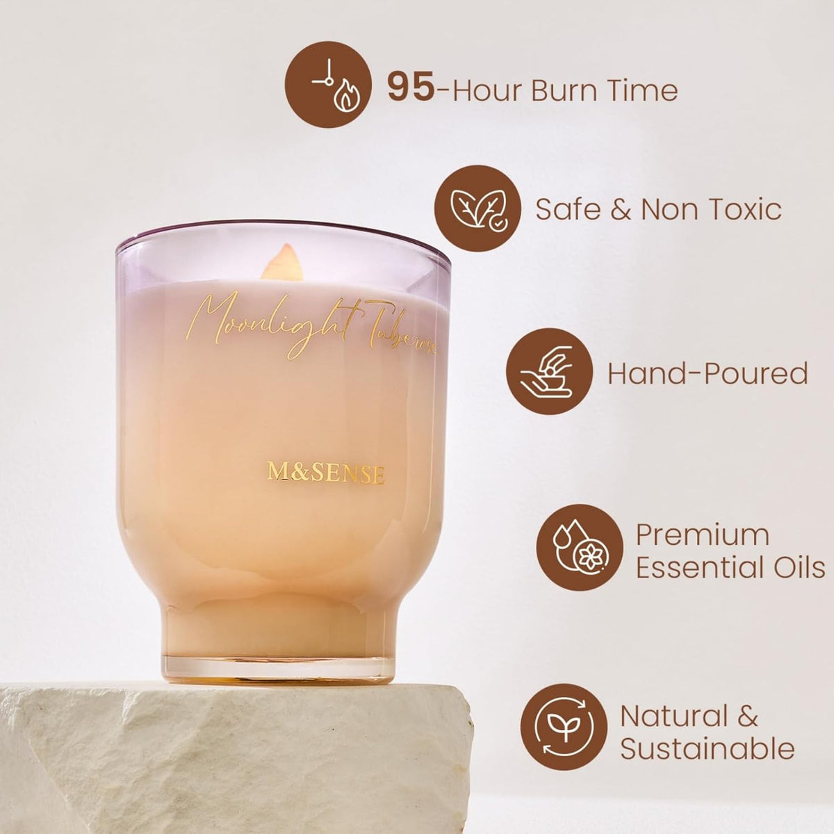 M&SENSE 16.6oz Natural Soy Large Jar Candle with Wooden Wick | Moonlight Tuberose Scent | 95-Hour