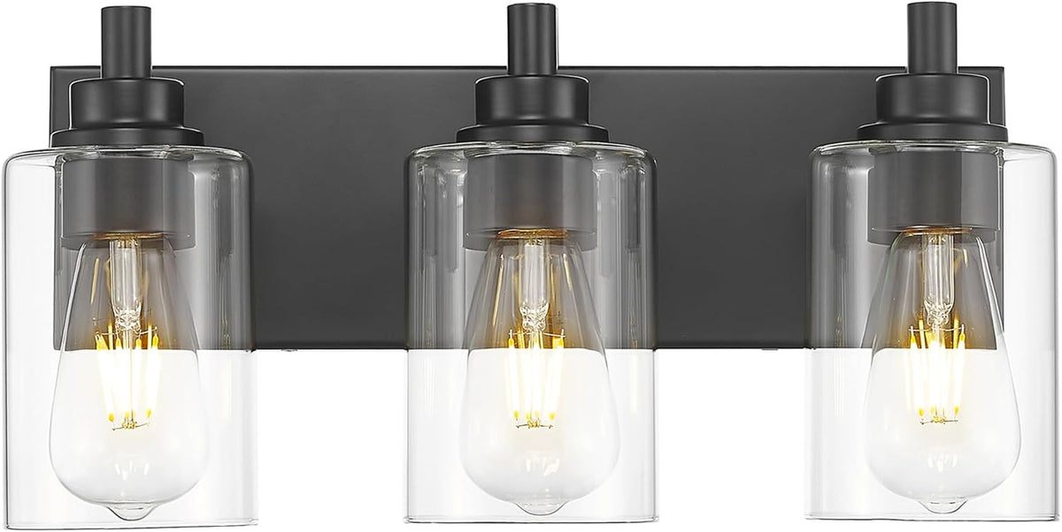 3-Light Bathroom Light Fixtures, Black Vanity Light with Cylinder Clear Glass Shade, Modern Vanity