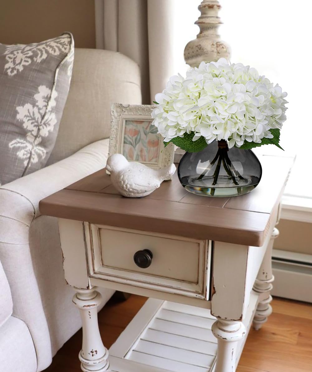 Hollyone Hydrangea Artificial Flowers with Glass Vase White Silk Faux Flowers Arrangements with