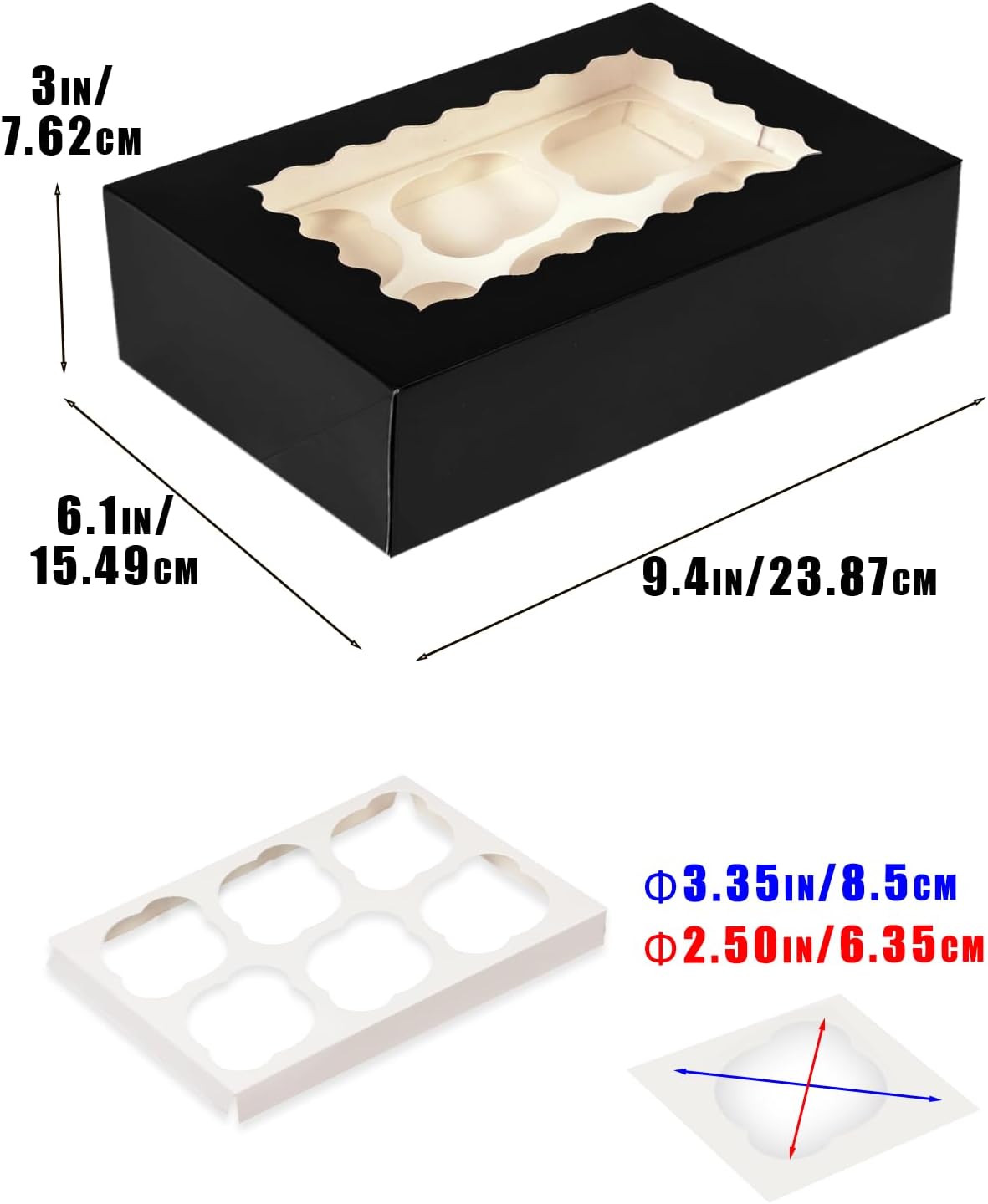 Bakepacker Auto-pop up 6 Cupcake Boxes with Window 20 Count Black Box 9.4 x 6.1 x 3 inch Cupcake
