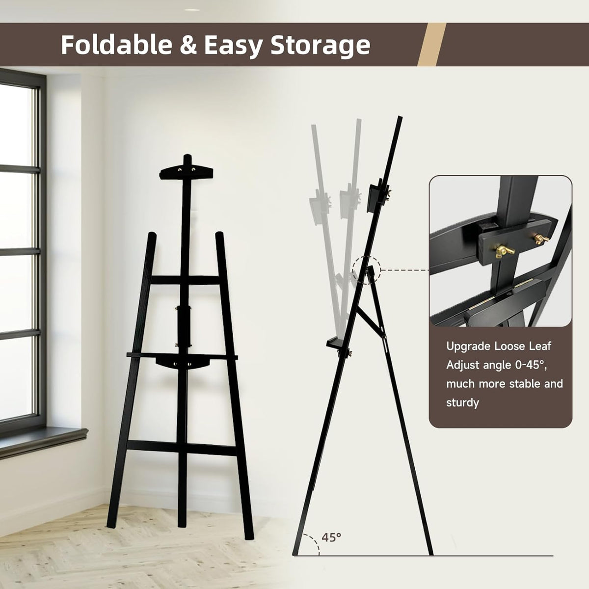 Adjustable Black Wooden Painting Easel, Pine Art Easel Stand Hold up to 43'', Painting Canvas for