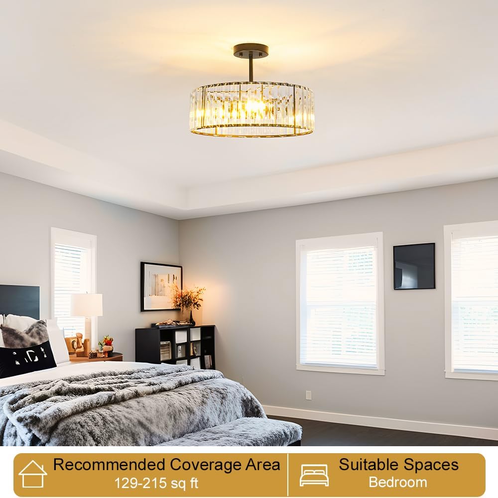 Modern Crystal Ceiling Light Fixture, Semi Flush Mount Ceiling Light, Matte Black Hallway Lighting