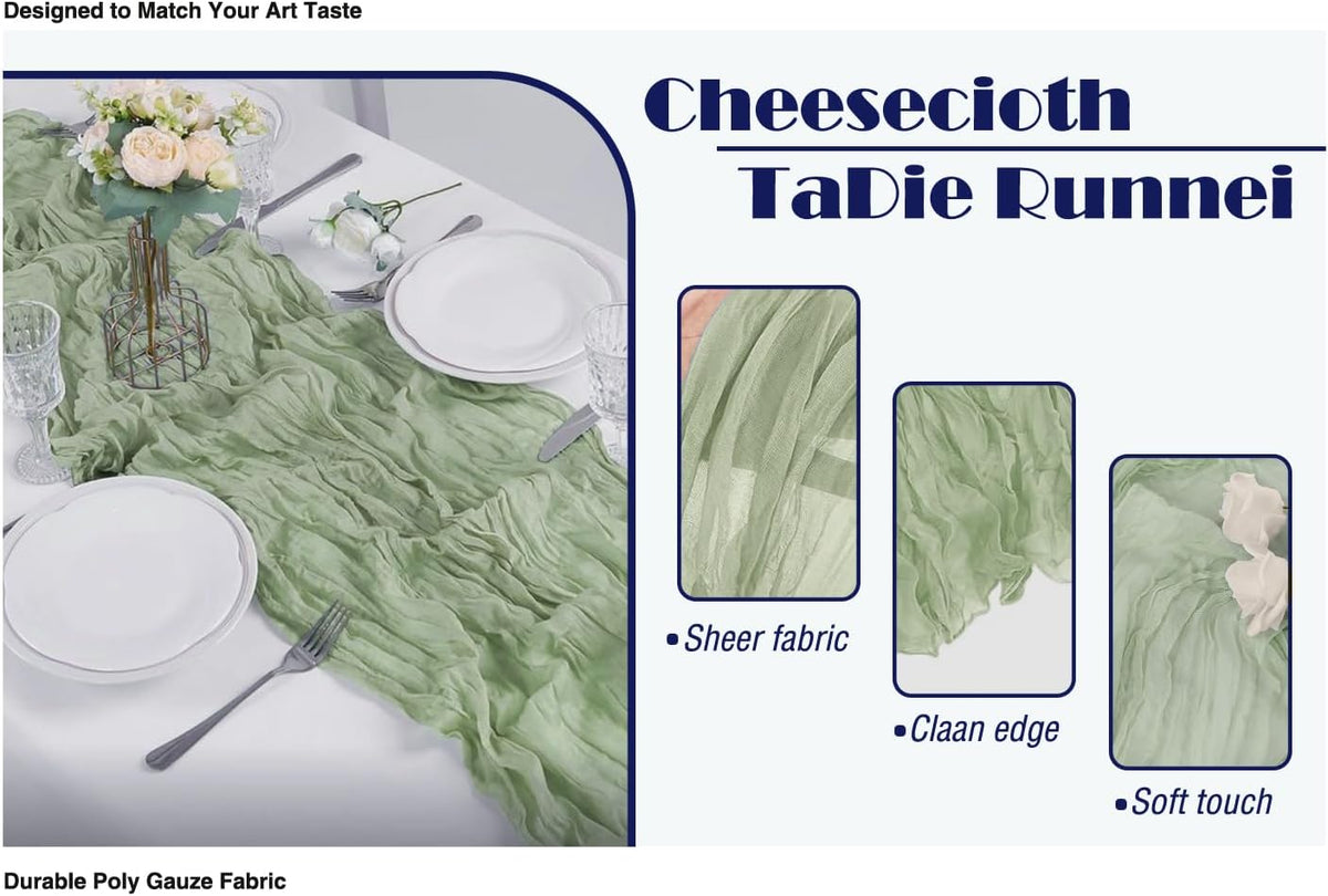 6 Pack Sage Green Cheesecloth Table Runner 20x120 Inch Boho Wrinkled Sheer Romantic Gauze Decor for