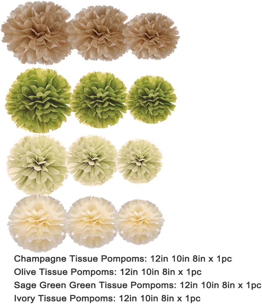 Sage Green Olive Ivory and Champagne Tan Tissue Paper Pom Poms Flower for Baby Shower Spring Summer