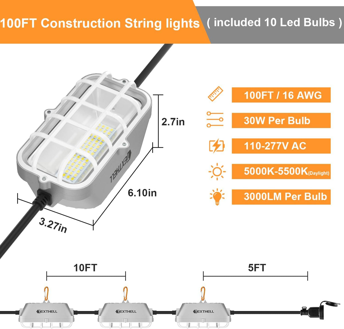 100ft LED Construction String Lights 300W Super Bright 30000LM Work Lights String Connectable