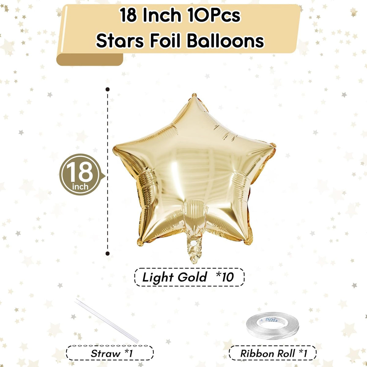 Gold Star Foil Balloons, 18 Inch Light Gold Stars Shape Foil Helium Balloons, 10 Pcs Large Light