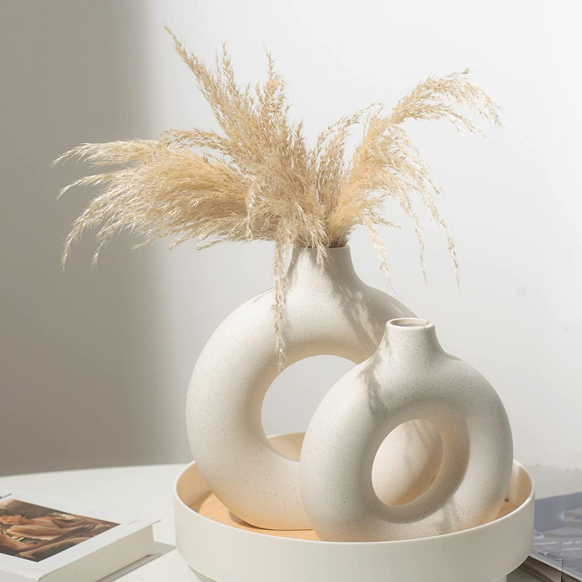 White Ceramic Vases- 2 for Modern Home Decor, Round Matte Boho Vase for Decor, Ceramic Minimalist