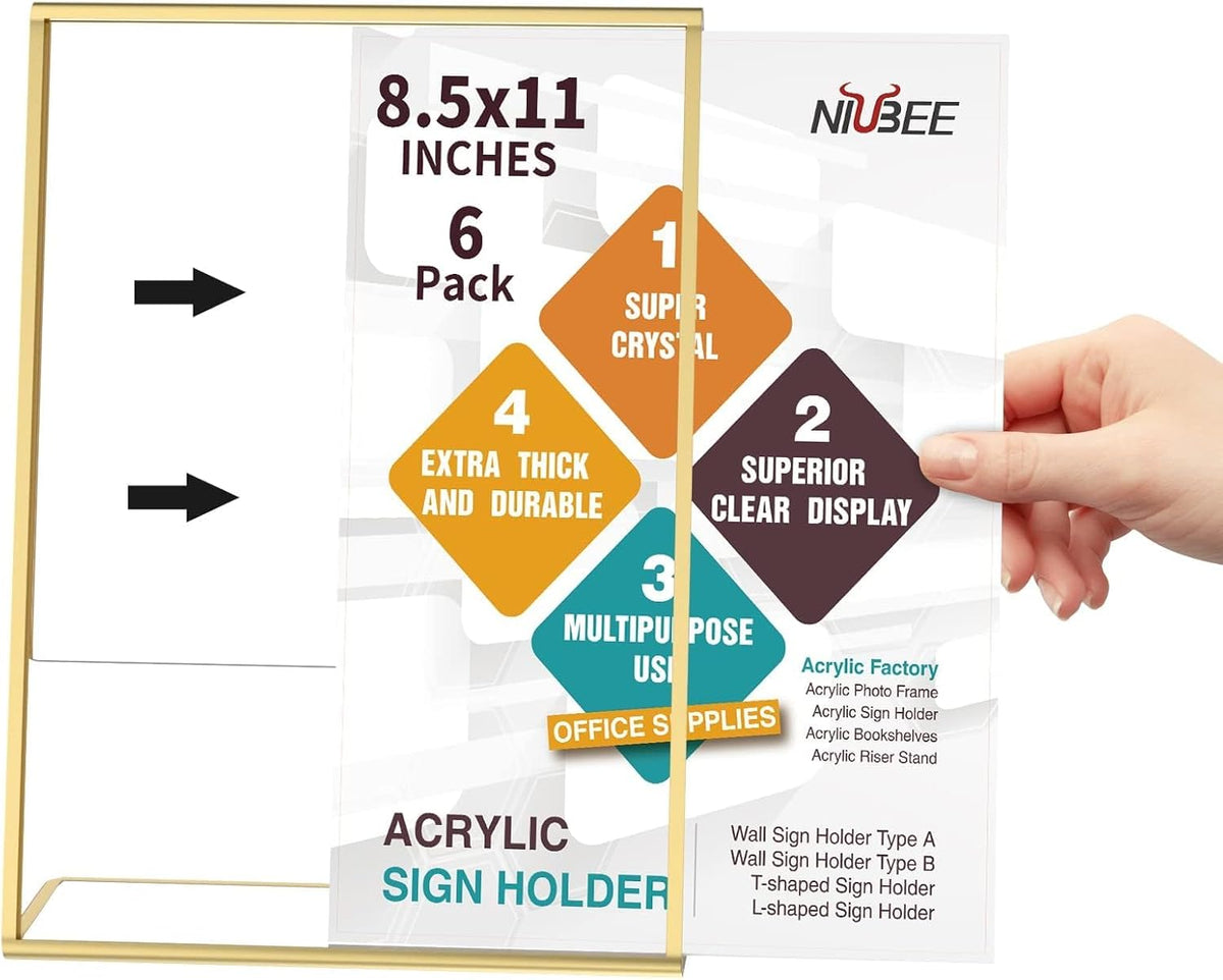 NIUBEE 8.5 x 11 Gold Frames, 6 Pack Acrylic Slanted Back Gold Picture Frames for Signs, Menu, Flyer