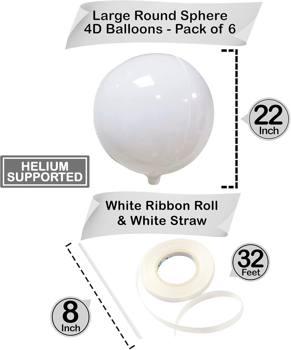 KatchOn, Round White Foil Balloons - 22 Inch, Pack of 6 | 4D Mylar White Balloons for Party