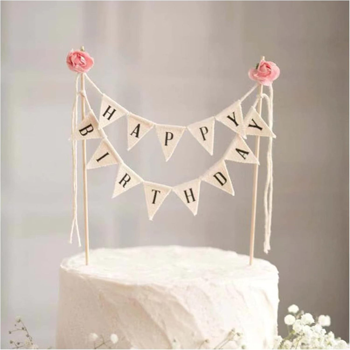 Happy Birthday Cake Bunting Topper Cake Topper Garland, Handmade Pennant Flags with Wood Pole Ivory