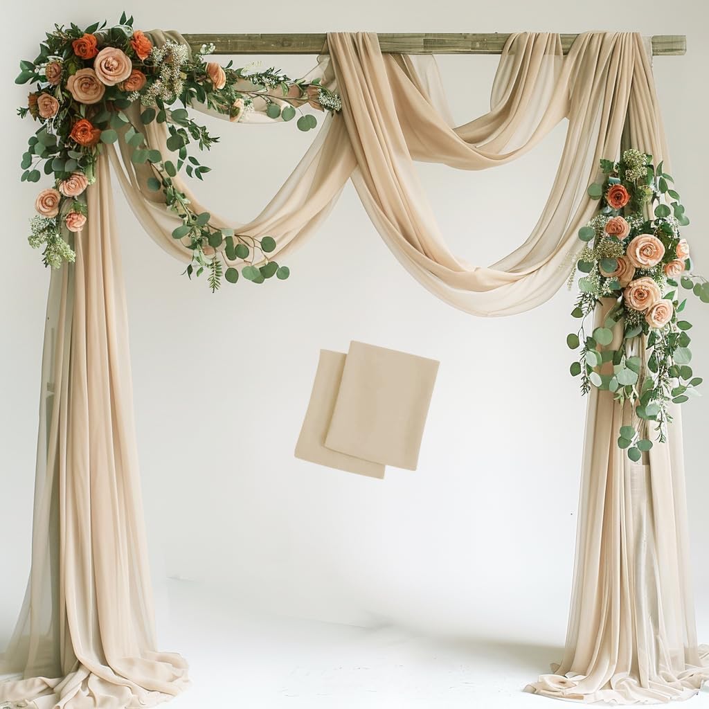 Wedding Arch Draping Fabric 2 Panels 28.7" x 20FT Champagne Sheer Chiffon Backdrop Drapes for