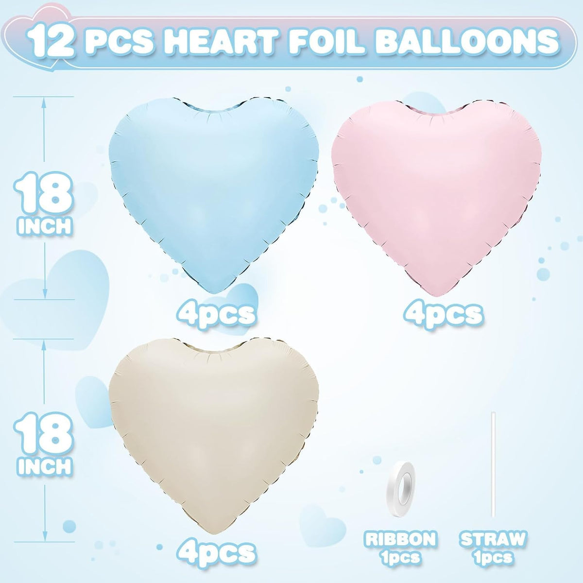 Pink Blue Heart Balloons,12Pcs 18Inch Cream White Baby Pink Blue Heart Shaped Foil Helium Balloons