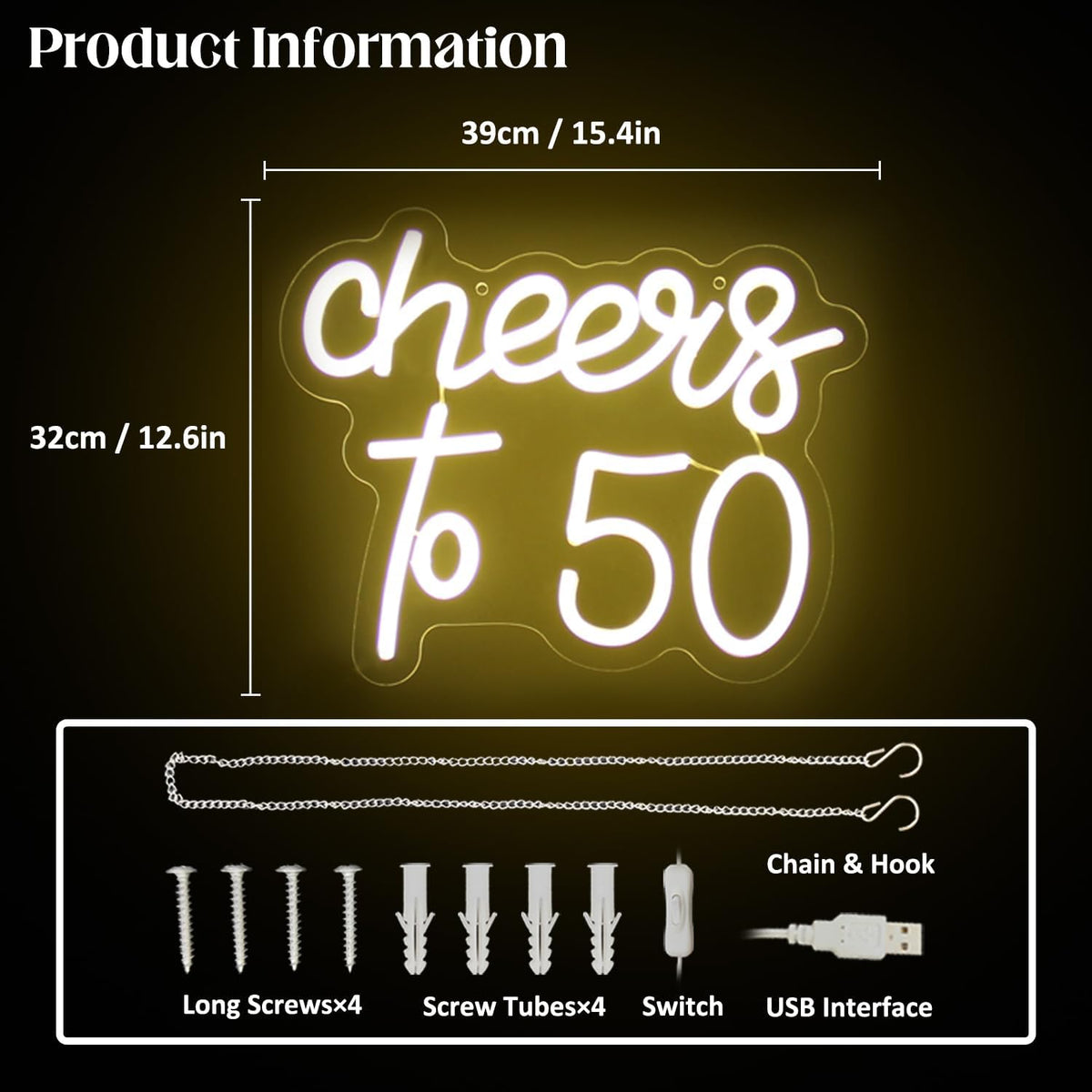 Cheers to 50 Neon Sign Happy 50th Birthday Neon Signs for Wall Decor Warm White LED Neon Light Sign