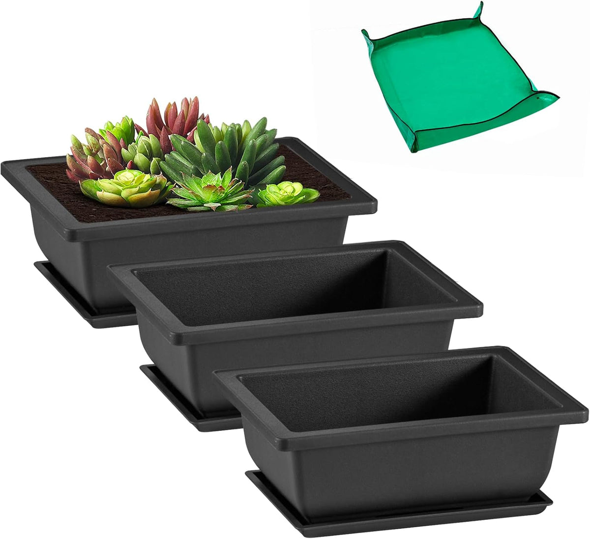 GROWNEER 3 Pcs 6.5 Inch Bonsai Pots with Drainage Humidity Trays & 1 Repotting Mat, Durable Bonsai