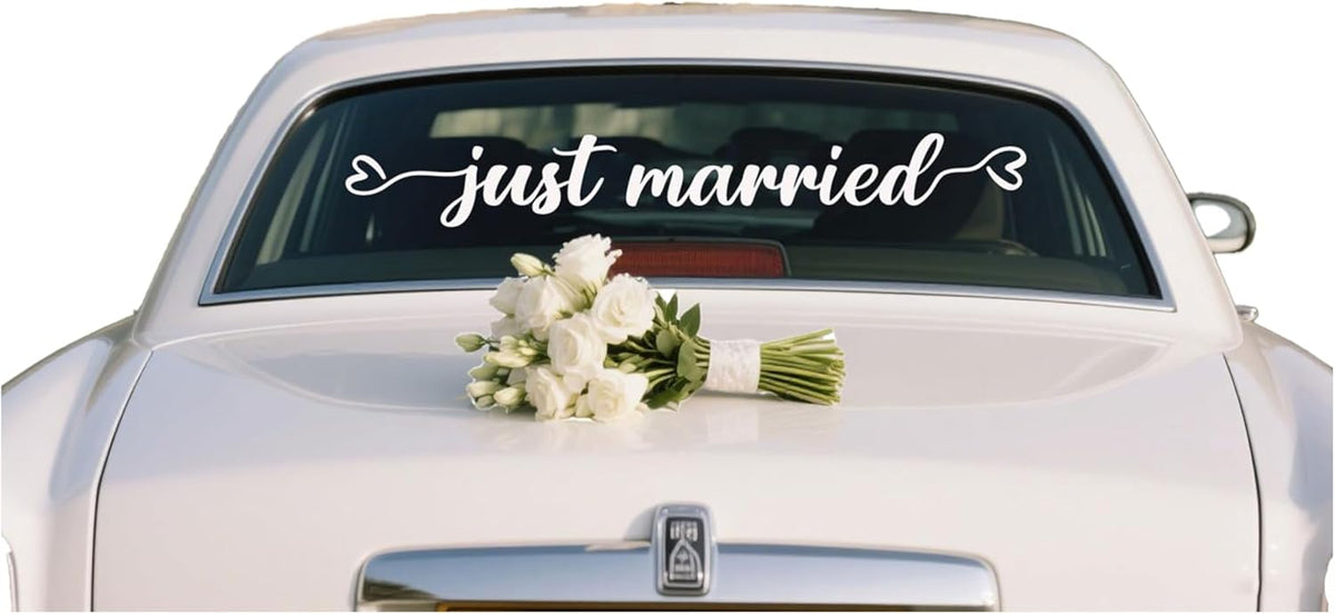 Just Married Vinyl Decal – White Wedding Car Sticker, 28 x 3.8 inch, Just Married Car Window Decal