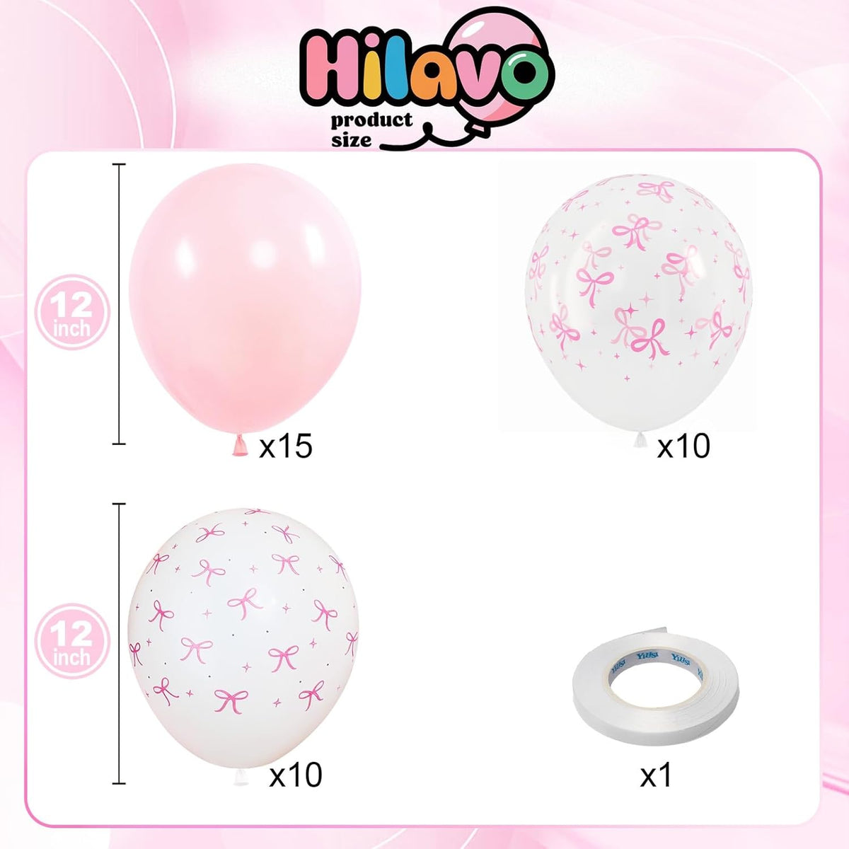 Pink Bow Balloons, 12 Inch Pastel Light Pink Transparent White Bow Print Coquette Balloon for Girls