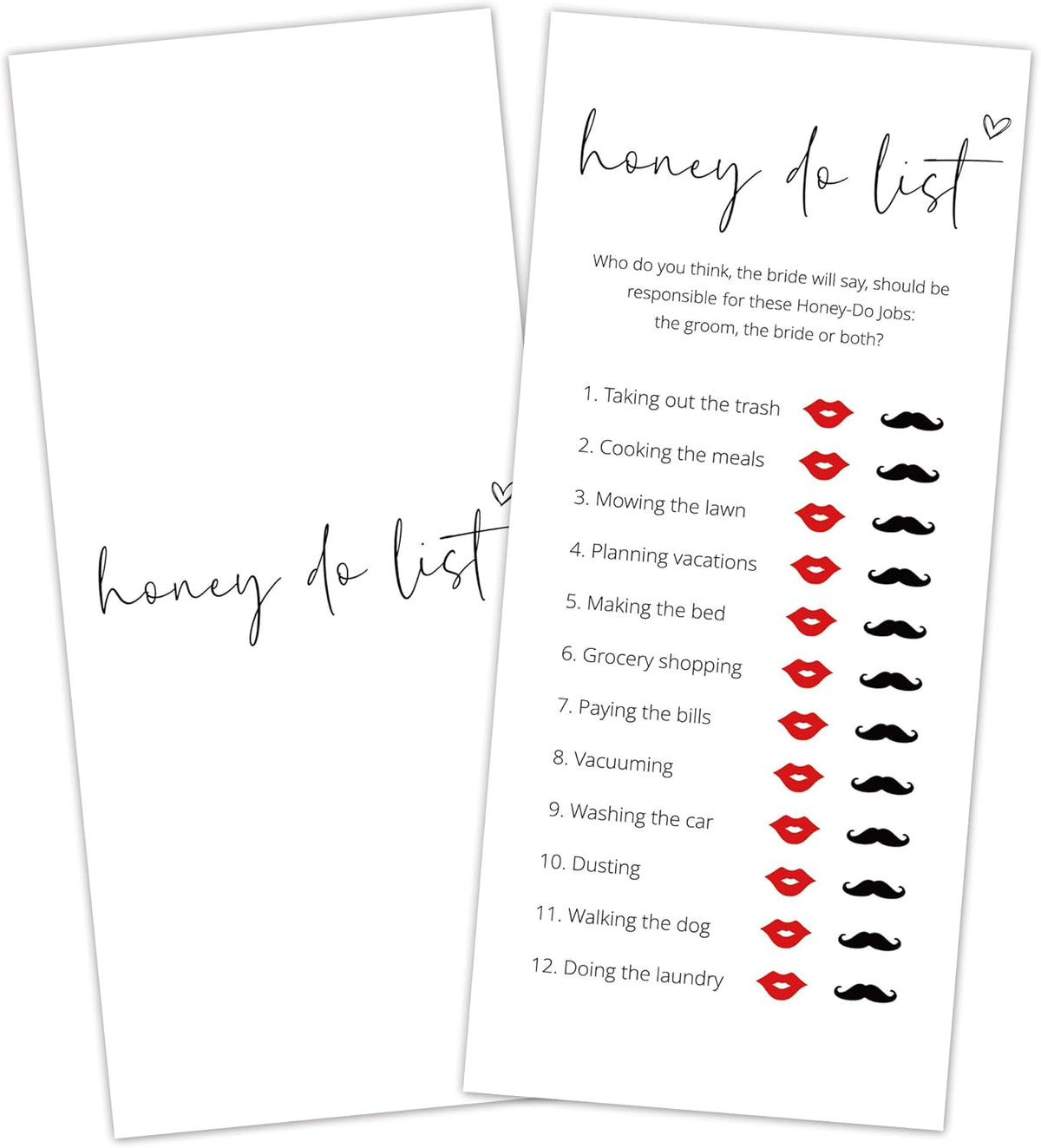 Bridal Shower Games, Honey Do List, 25Pcs 4x9inch Minimalist White Double-Sided Bridal Game Cards