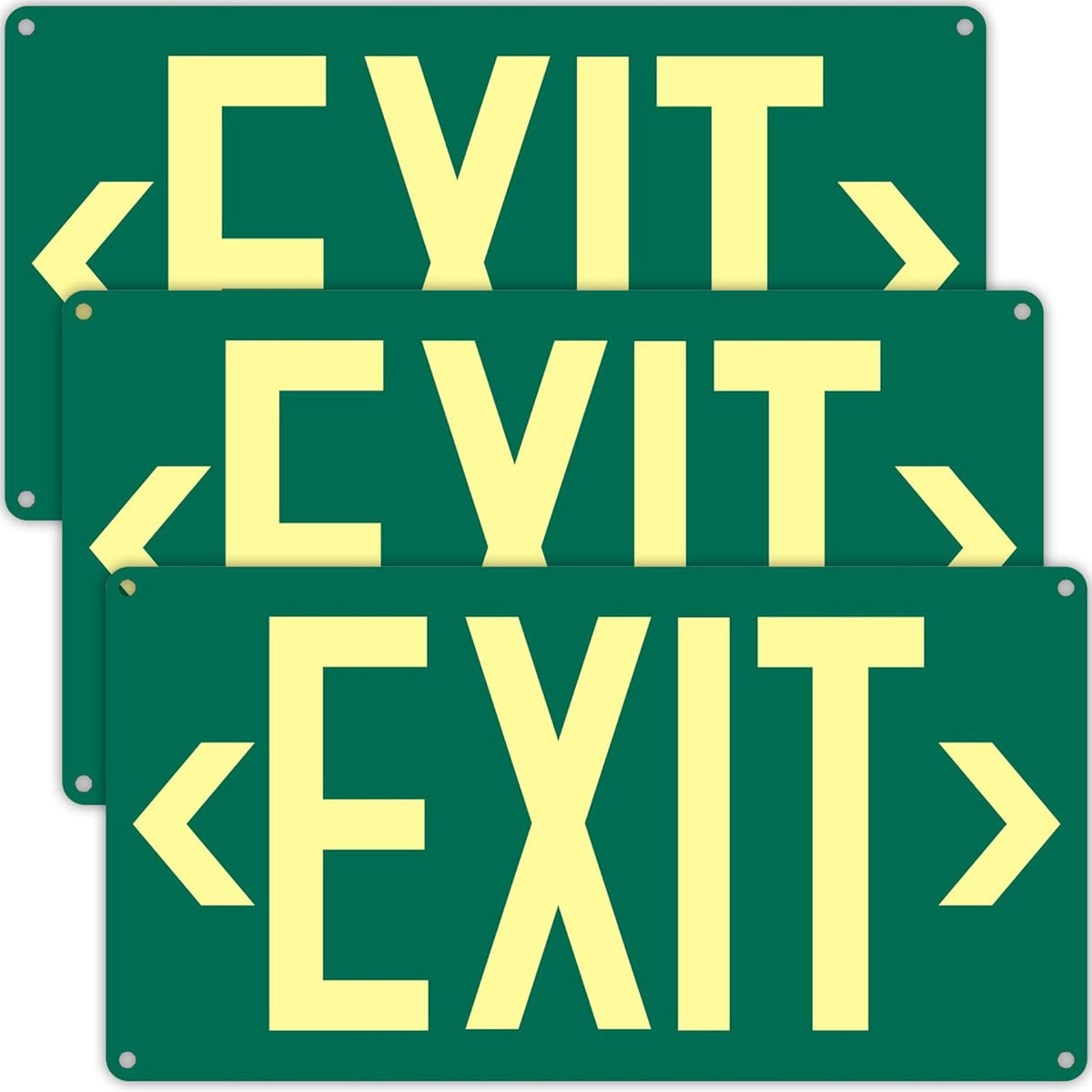 3Pack Photoluminescent Exit Sign Green - 14.25"x 7.5" Aluminum - Adhesive Backing- Includes 6pcs