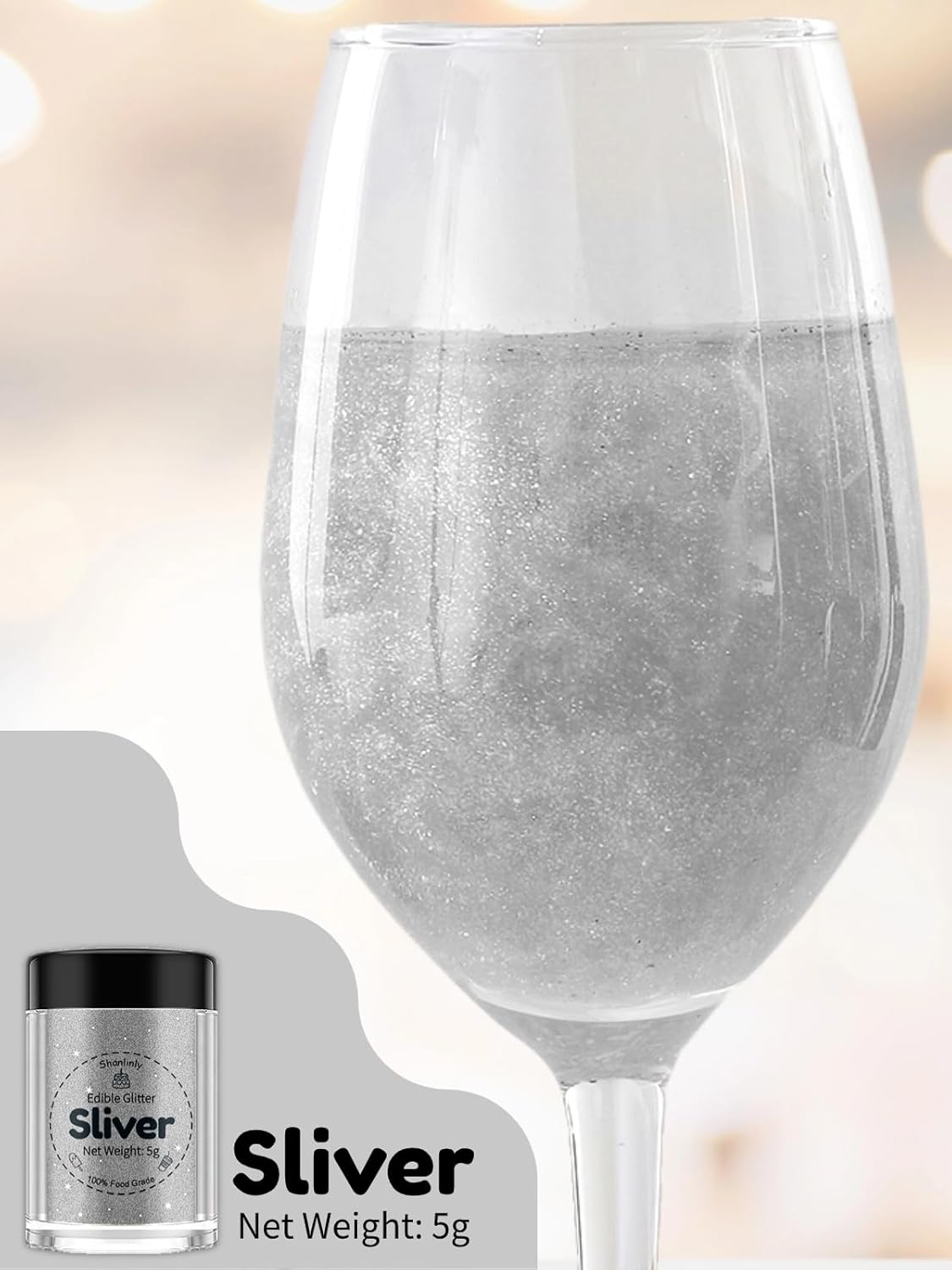 Shanlinly Silver Edible Glitter for Cakes Drinks - Food Grade 5g Shimmer Luster Glitter Dust Edible
