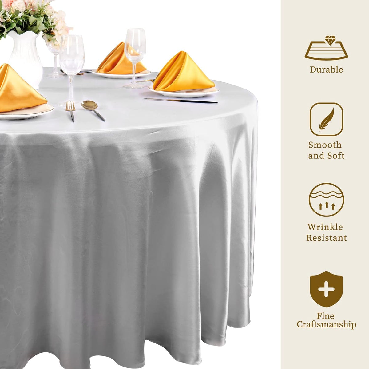 fani 6 Pack 120 Inch Sliver Round Tablecloth - Premium Silky Satin Tablecloth Overlay Smooth Fabric