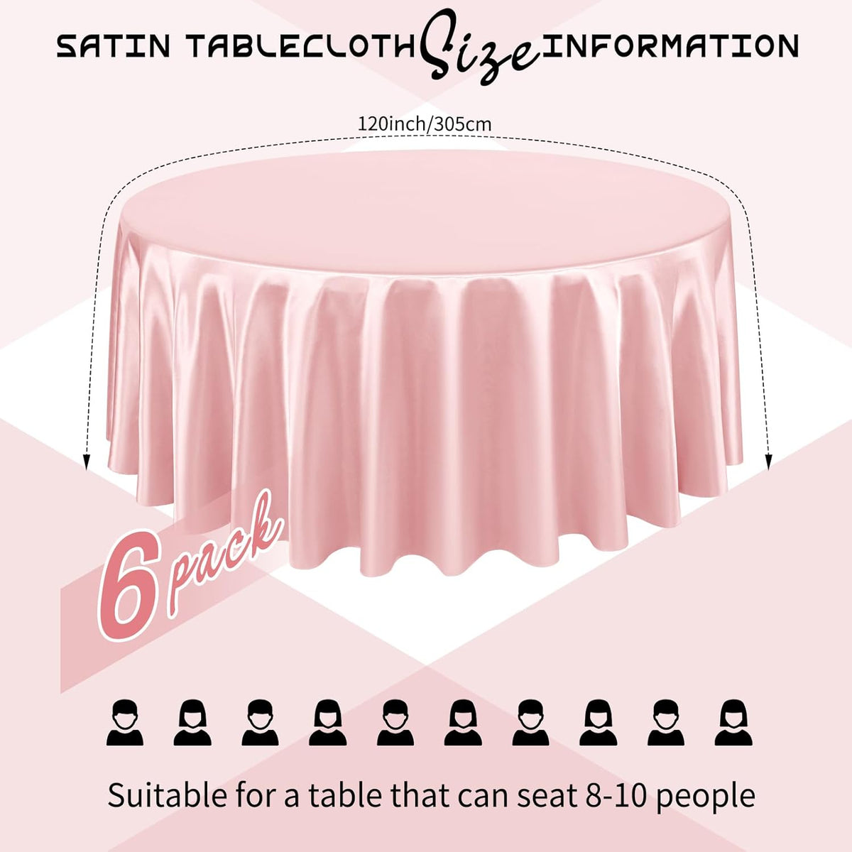 6 Packs Satin Tablecloth 120 Inch Rose Gold Round Table Cloth Silk Tablecloth Smooth Fabric Overlay