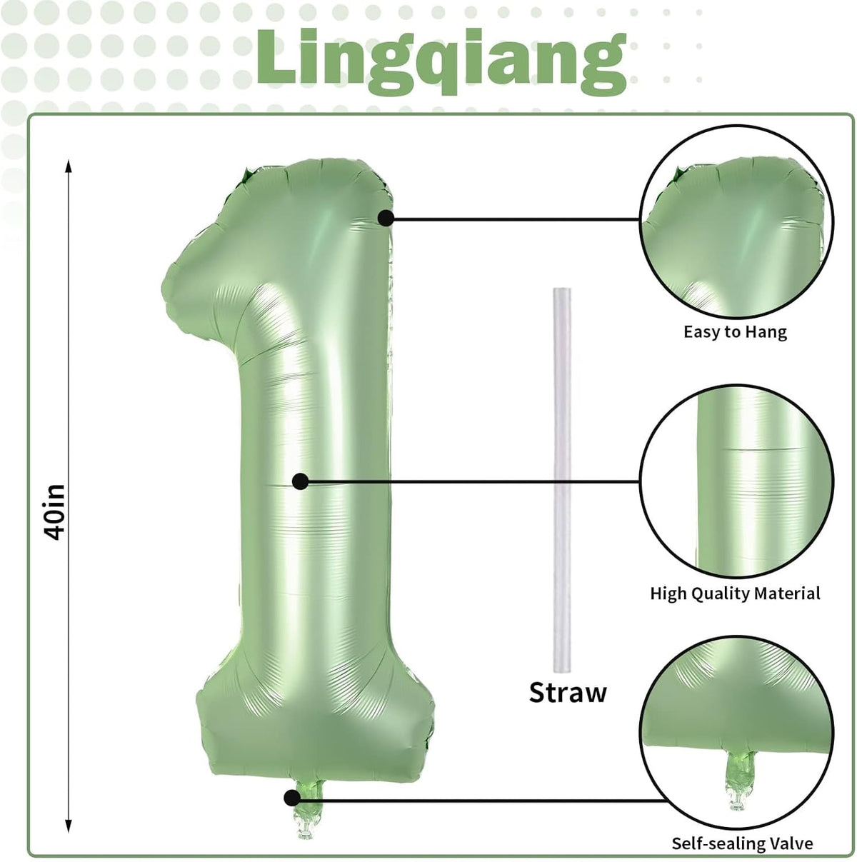 Sage Green 1 Balloons, 40 Inch Giant Olive Green Helium Foil Number 0-9 for Girls, Self Inflating