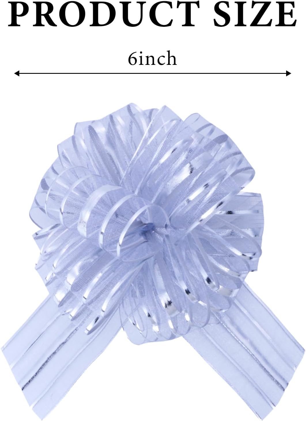 6 Pcs 6 Inch Silver Organza Pull Bow – Perfect for Wedding Decoration, Gift Wrapping Baskets, Car