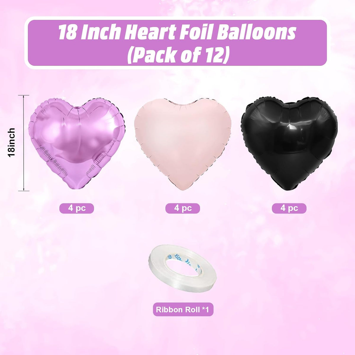 Purple Pink Black Heart Balloons, 18 Inch Baby Pink and Purple Black Heart Foil Shape Balloon