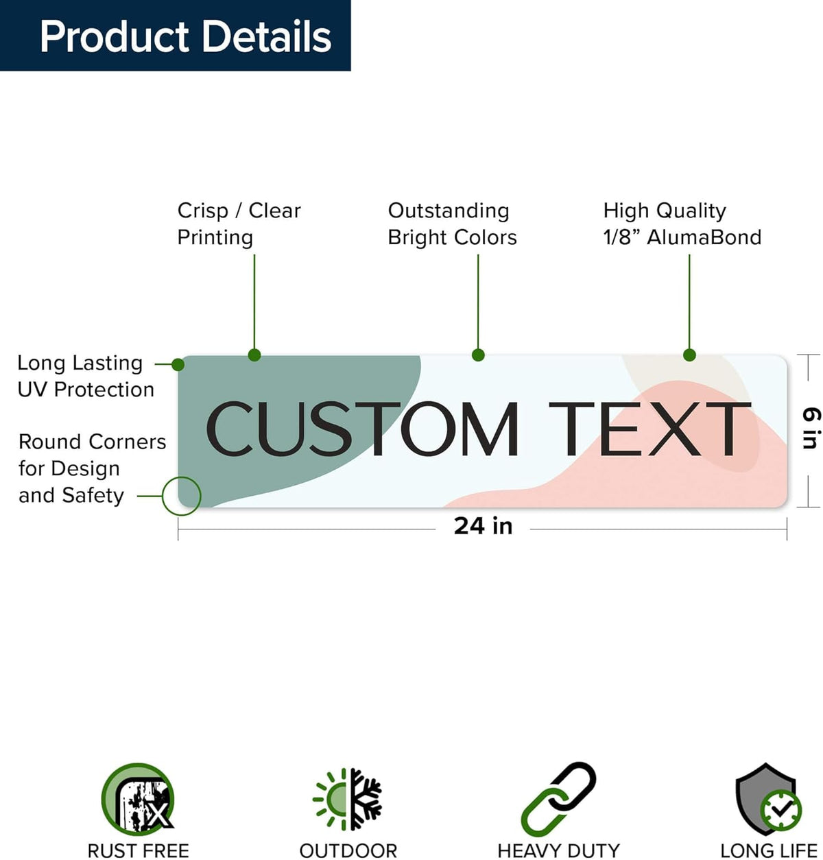 Custom Sign, Custom Street Sign, 11 Font Colors, 13 Font Styles, 4 Hole Options, 22 Sizes, 6x24