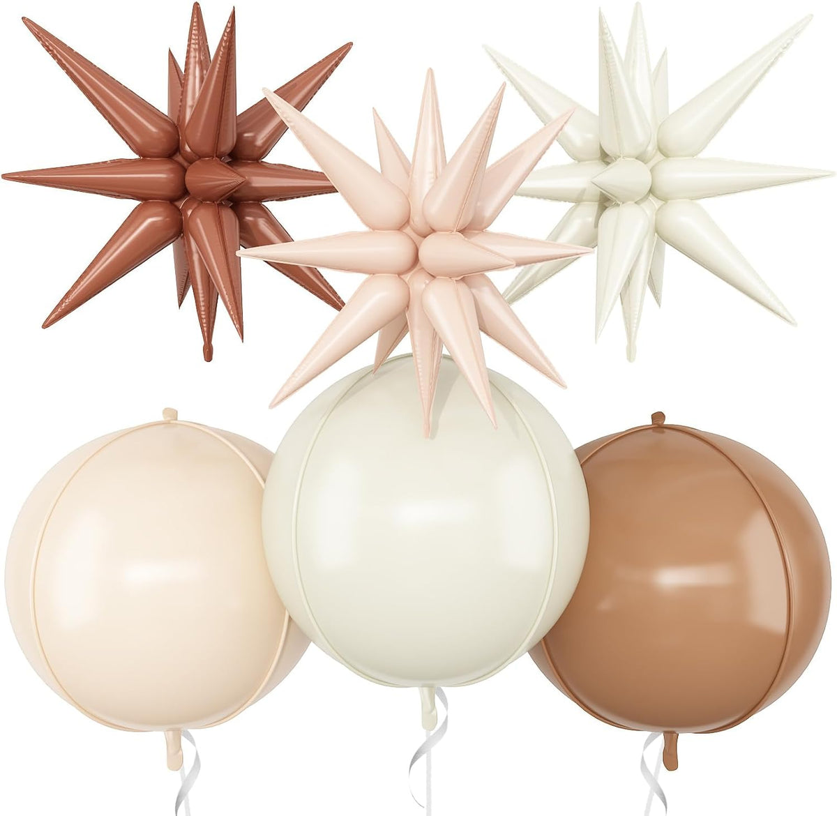 6Pcs Sand White Brown Foil Balloons,22Inch Cream Beige 4D Round Ball Balloon and Explosion Star