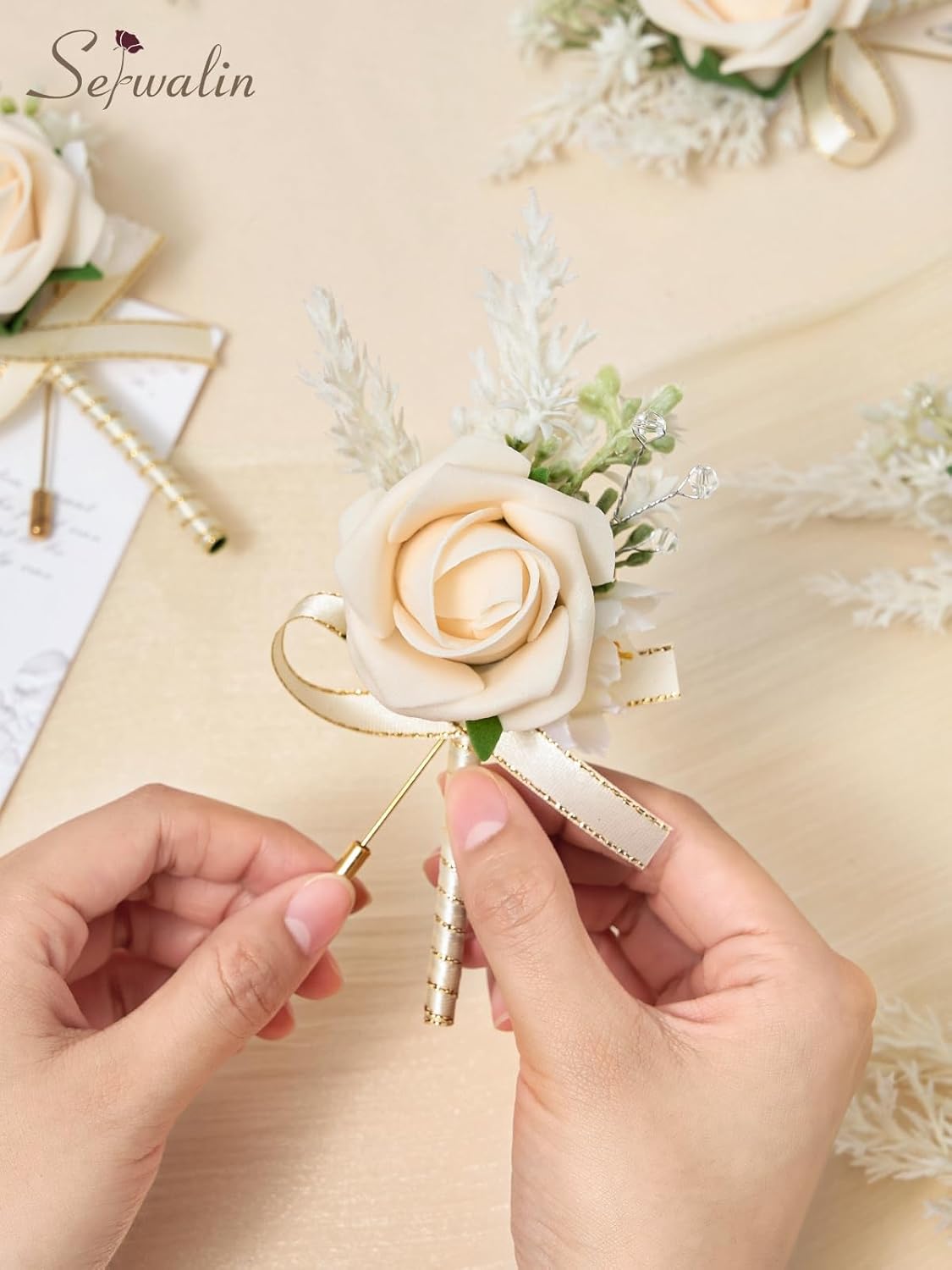 Serwalin 10Pcs Boutonniere for Men Wedding, Champagne Groom and Best Man Boutonniere, Artificial