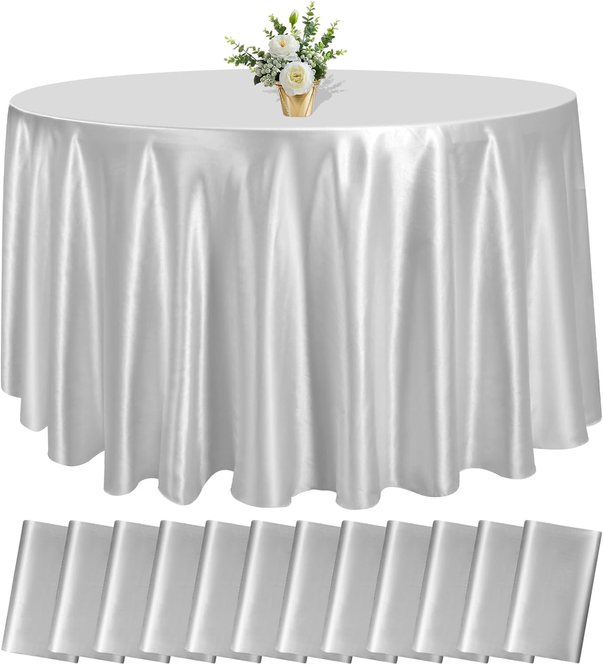 12 Pack 120 Inch Silver Satin Tablecloth - Premium Bright Silky Round Tablecloth Overlay Smooth