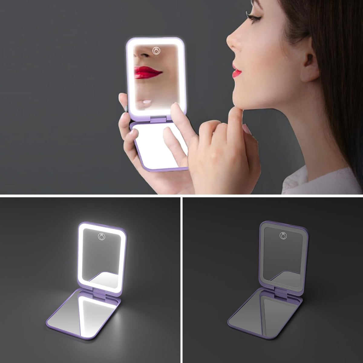 Kintion 2025 Pocket Mirror, Rechargeable Dimmable 3 Color Lighting 1X/3X LED Compact Travel Makeup