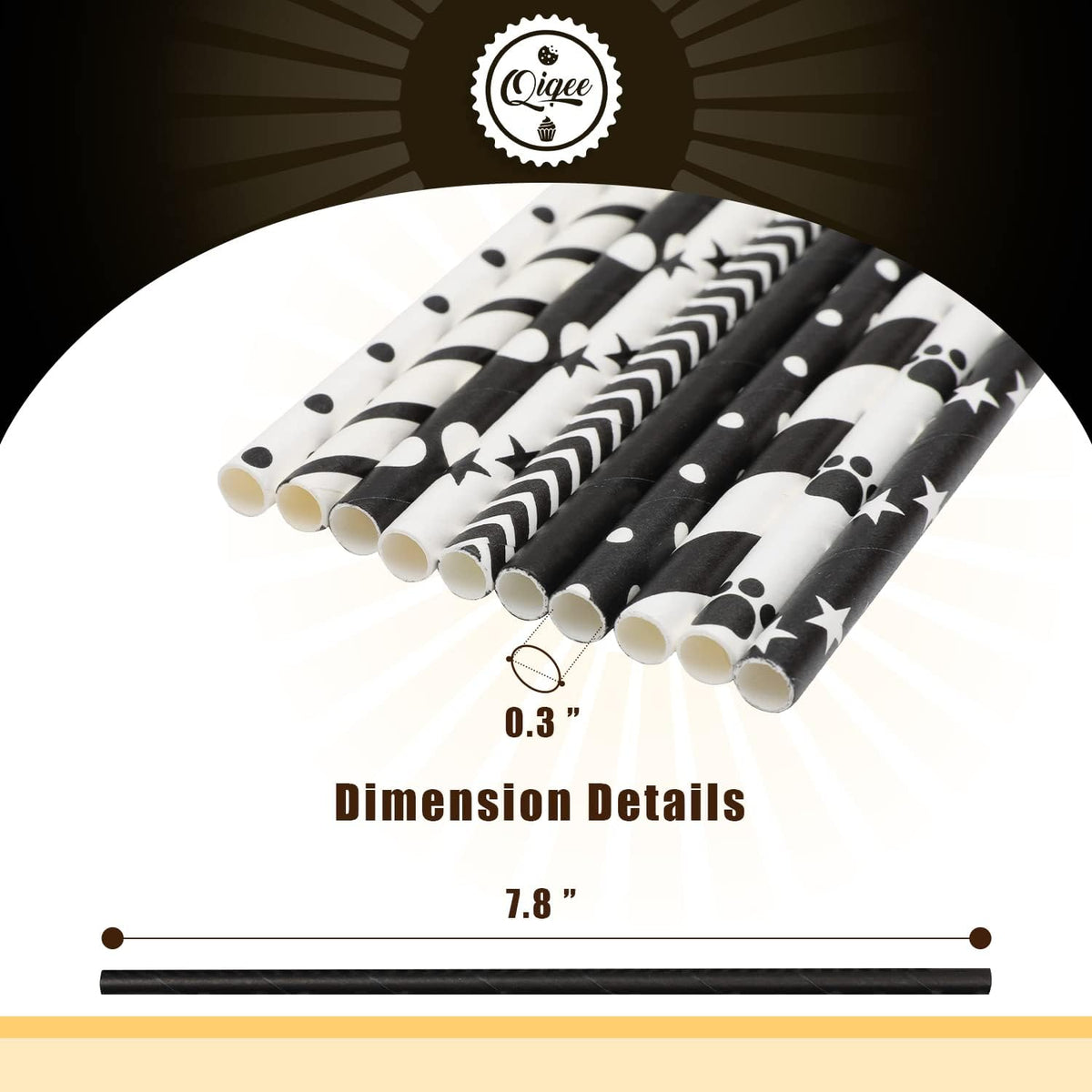 qiqee Black Paper Straws 150pcs Disposable Straws Bulk (10 Black Patterns, Biodegradable