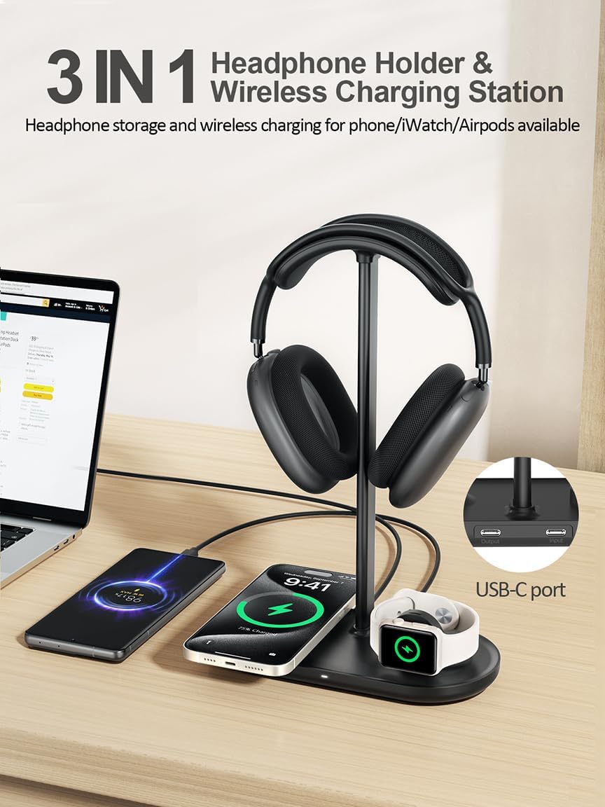TopMade 5 in 1 Headphone Stand for Desk with Wireless Charger & USB Charging for