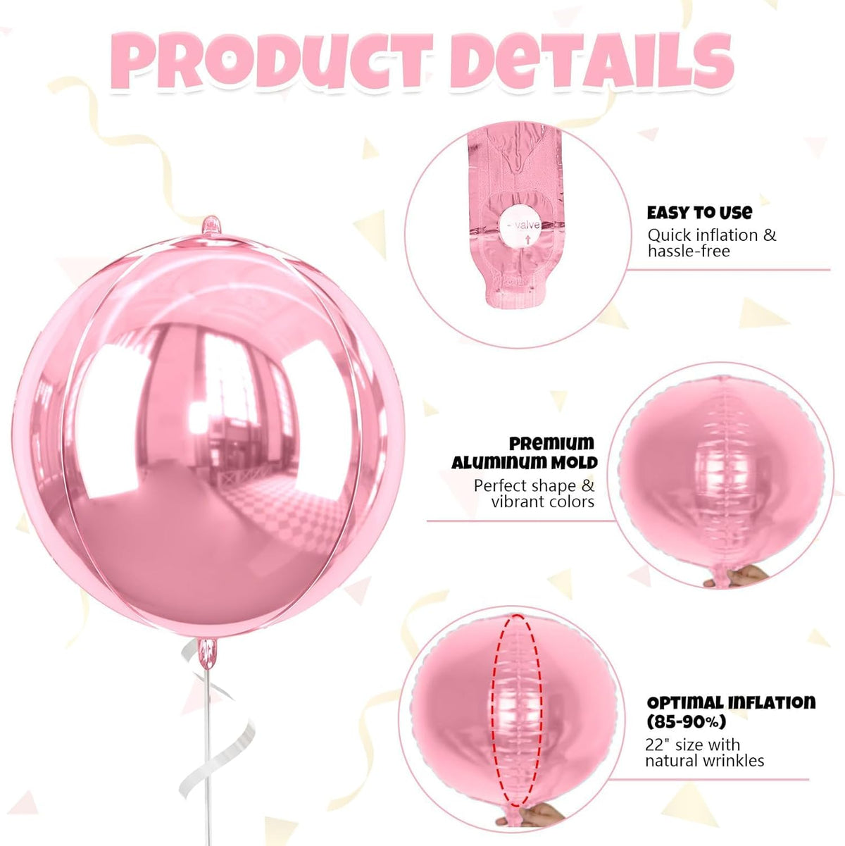 Giant 4D Pink Foil Balloons, 6Pcs Large Metallic Pink Round Balloons, 22 Inch Big Round Foil