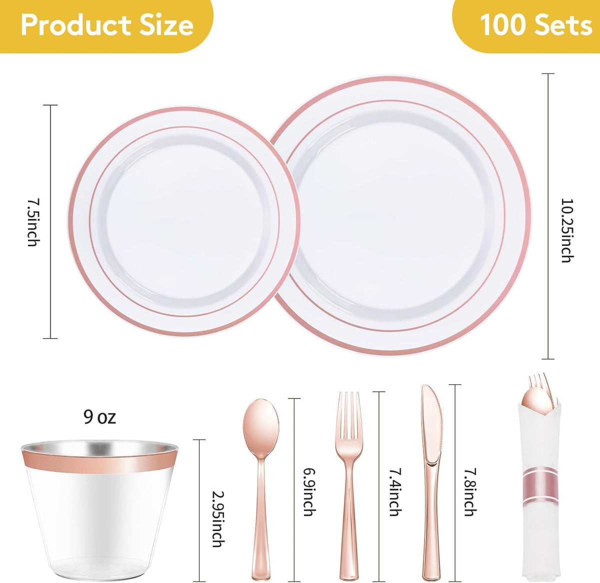 Goodluck 700 Piece Rose Gold Plastic Dinnerware Set for 100 Guests, Disposable Plates for Party