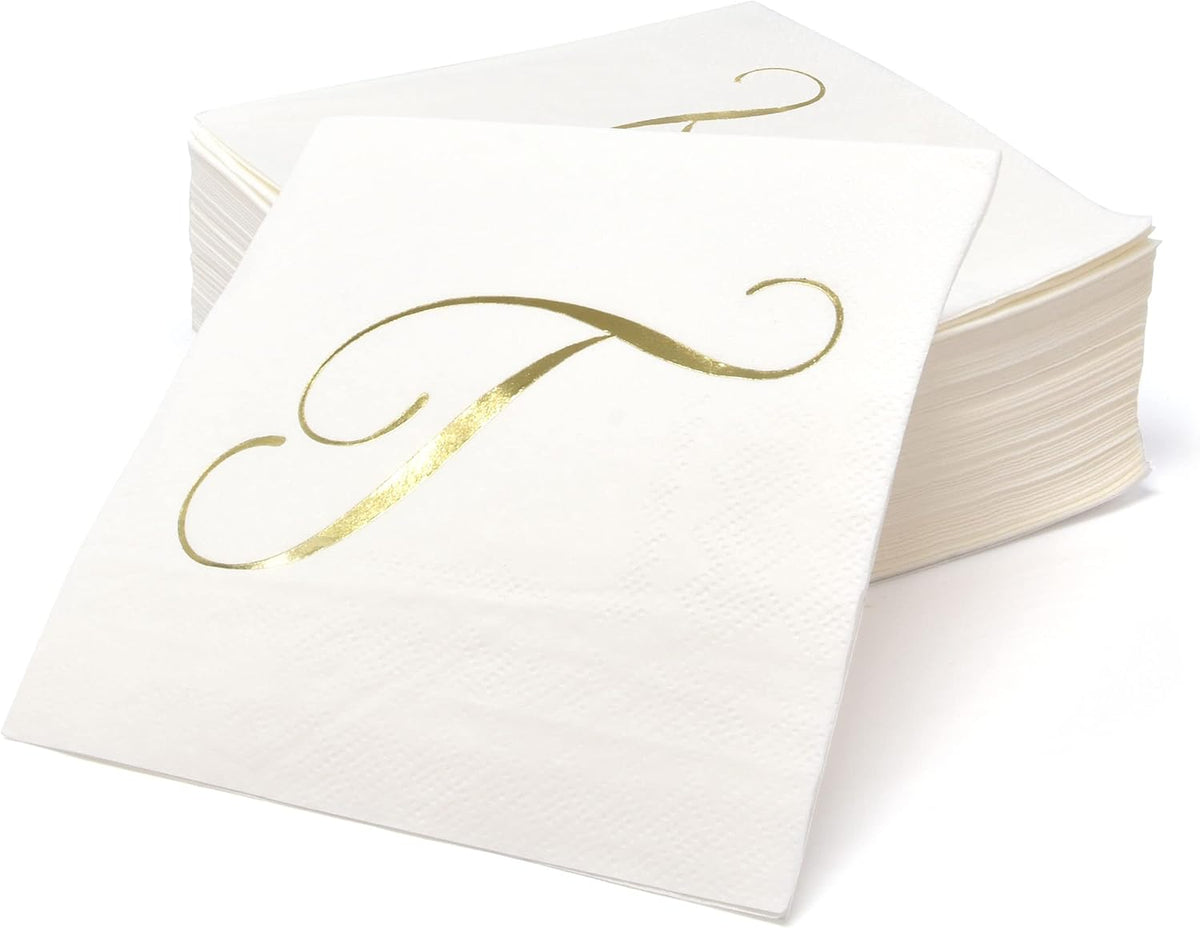 Gift Boutique 100 Gold Monogram Cocktail Napkins Letter T Disposable Paper Pack Elegant Metallic