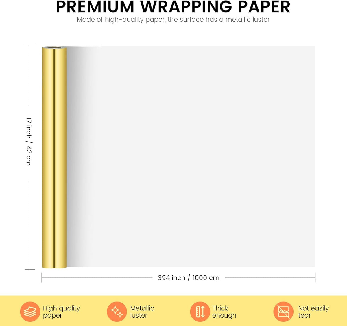 KMER LIFE Metallic Wrapping Roll (Gold) - 17 x 394 Inch, Premium Gift Wrapping for Birthday