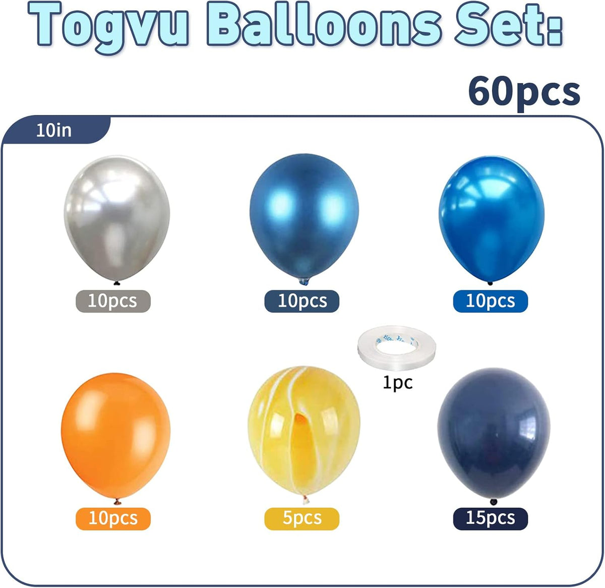 60Pcs Balloons Orange Blue, Outer Space Party Balloons Set, Navy Blue Silver Orange Yellow Agate