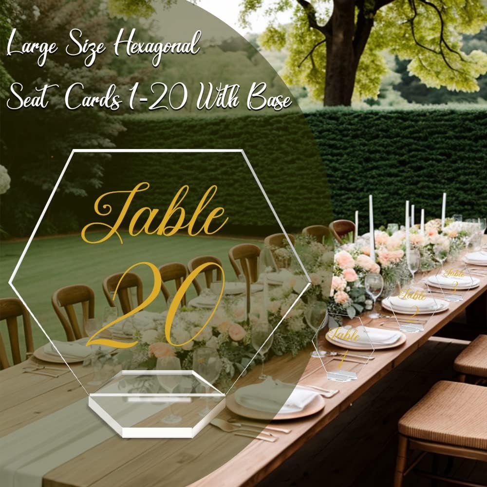 OurWarm Large Acrylic Wedding Table Numbers 1-20, Gold Printed Calligraphy Place Cards with Stand