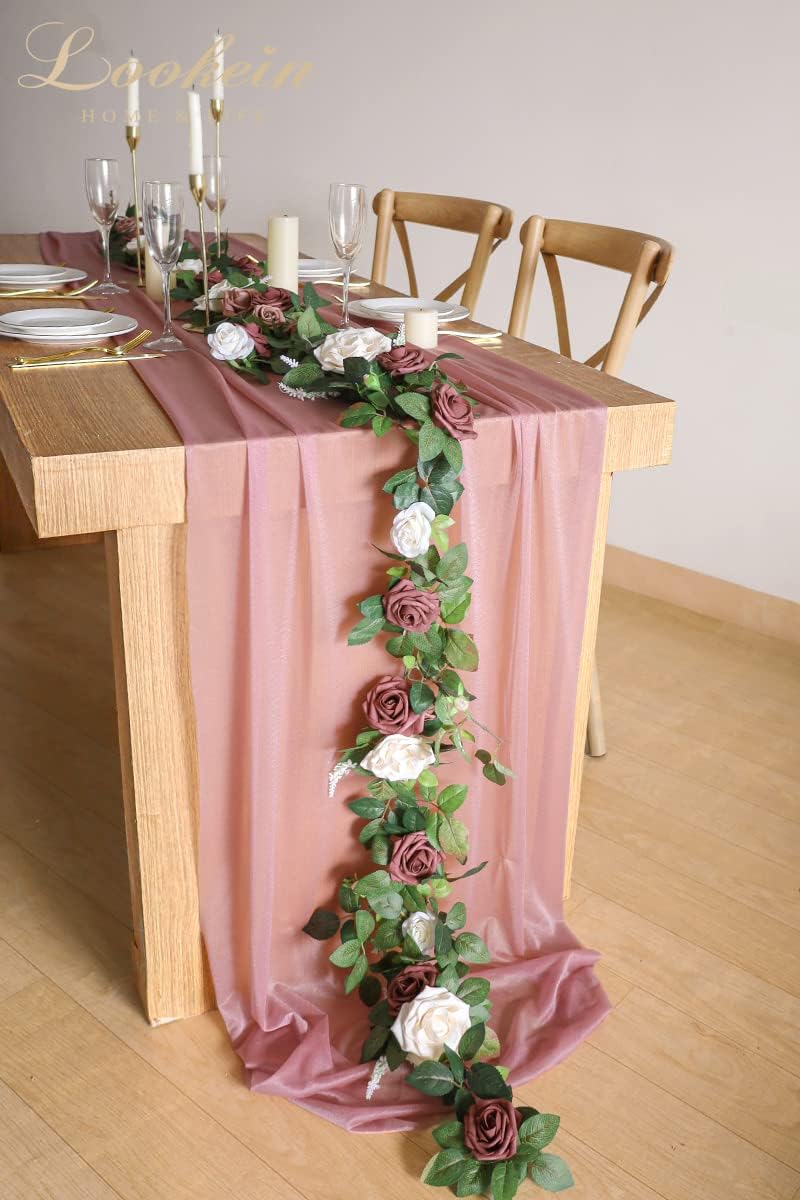 Lookein Artificial Rose Flower Garland Greenery Garland 5FT for Wedding Ceremony Backdrop Arch