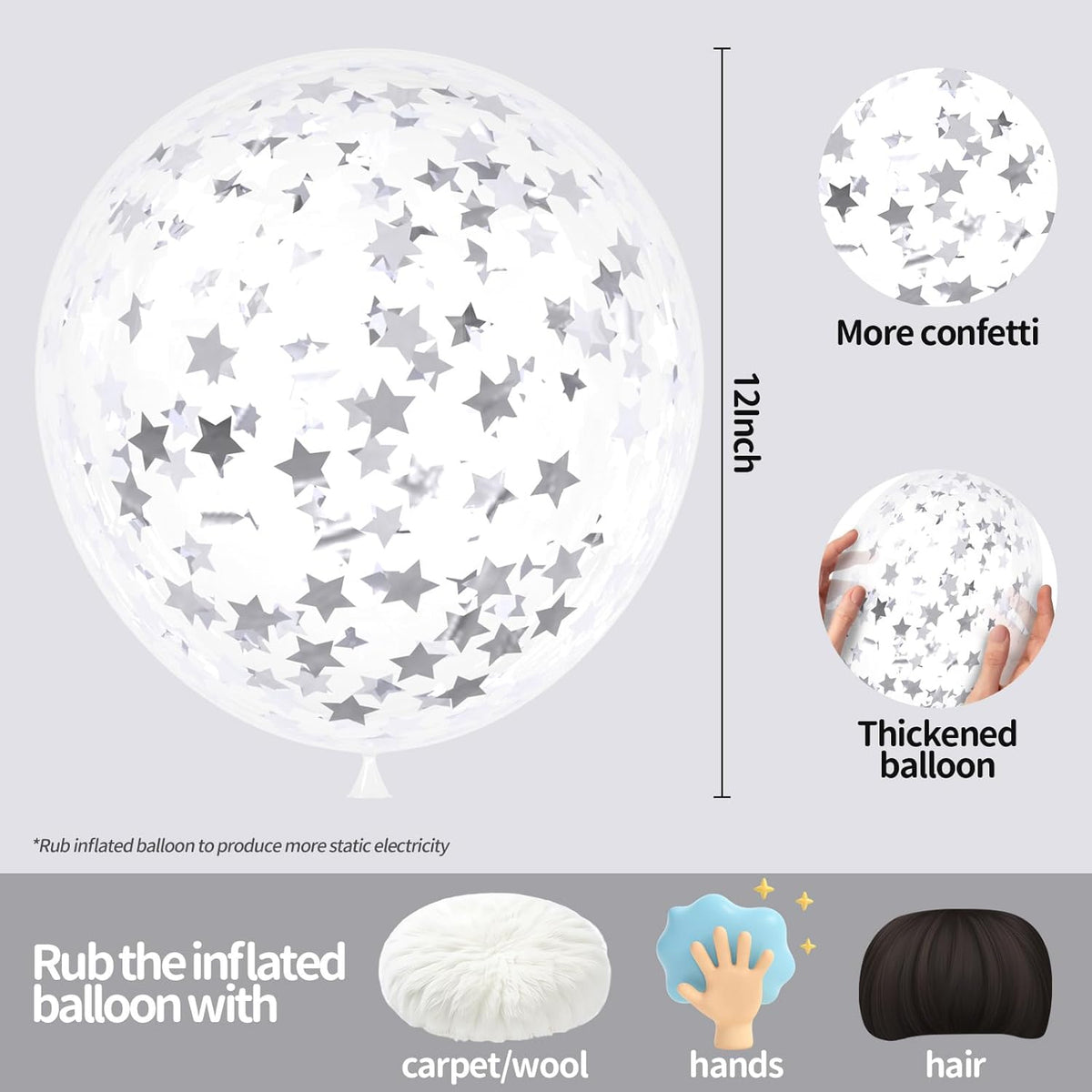 VHUWE 25 Pcs Silver Star Confetti Balloons, 12 Inch Clear Latex Balloon with Confetti Inside for