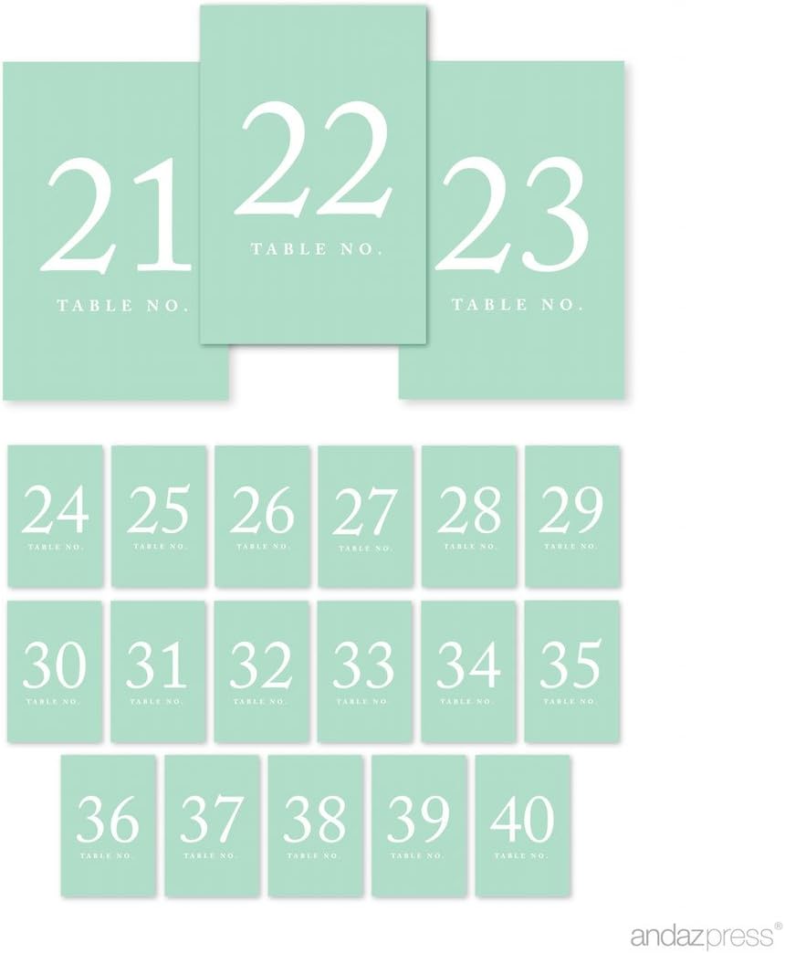 Andaz Press Mint Green Wedding Table Numbers 21-40, 4x6-Inches Table Number Cards For Wedding