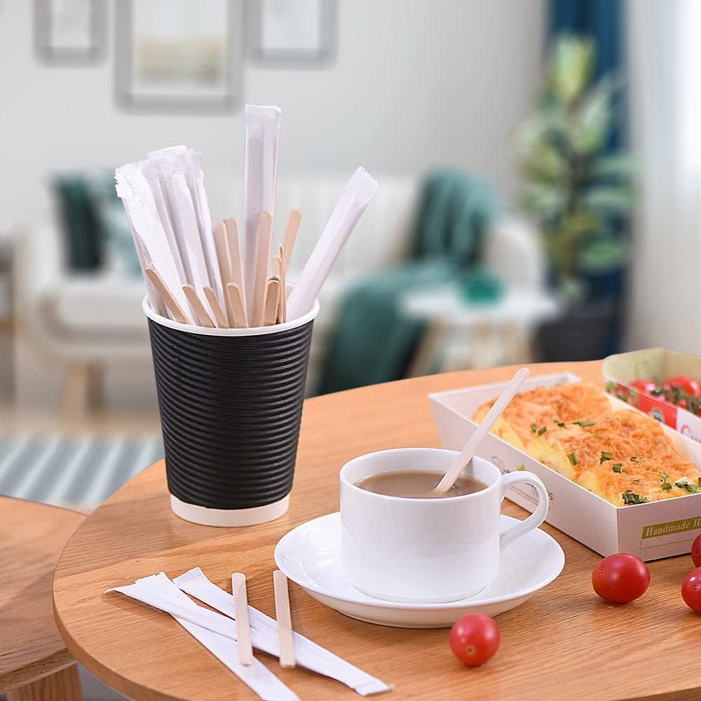 500pcs Individually Wrapped Coffee Stirrers Wood - 7" Coffee Stir Sticks, Round End Disposable