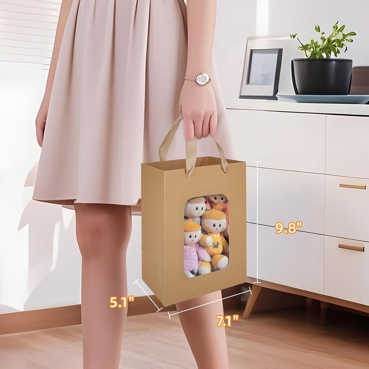 MOXARYSU 12 Pcs Brown Gift Bags with Clear Window: 9.8x5.1x7.1 Inch Medium Kraft Paper Bags with