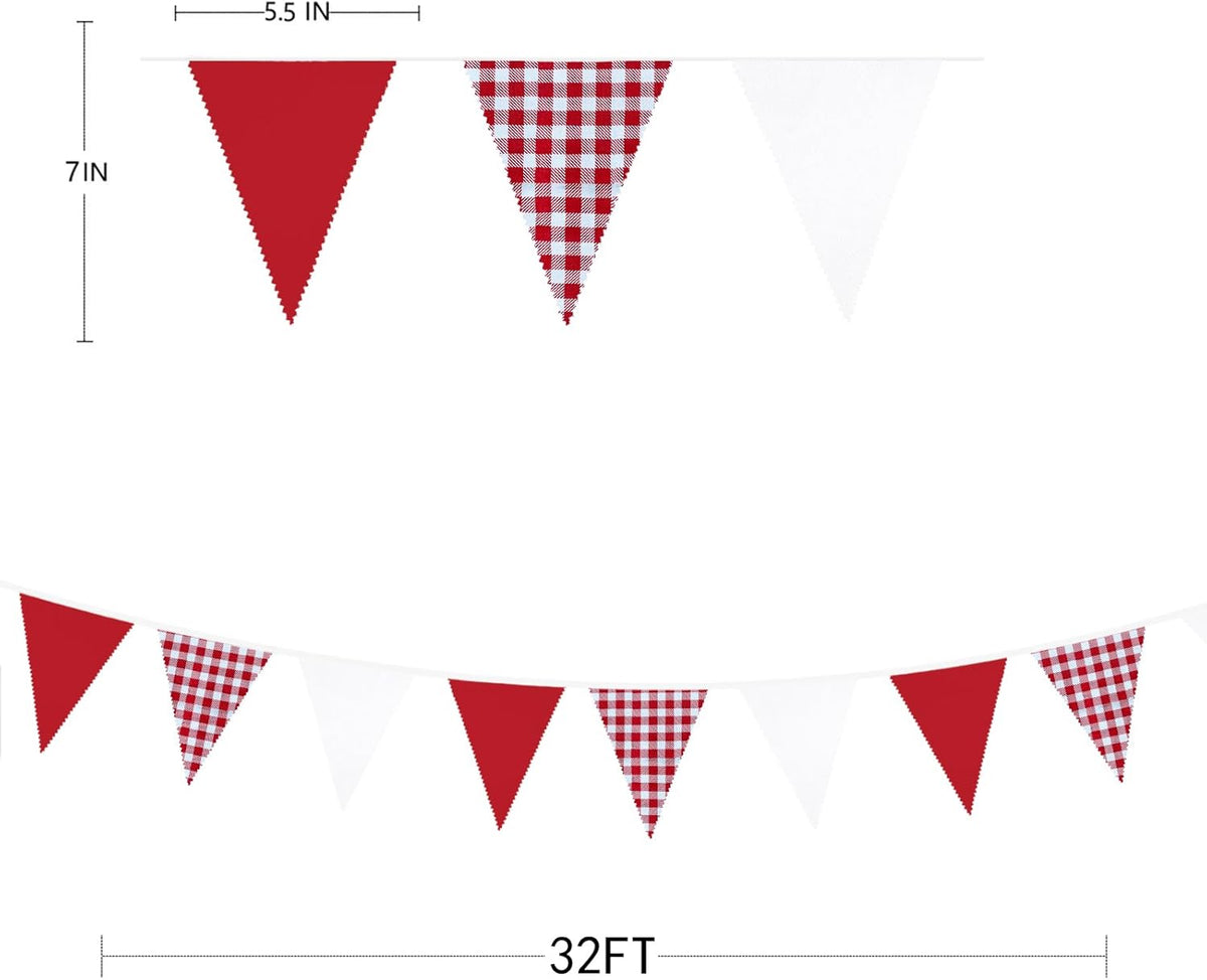 32Ft Red Party Decorations Red Plaid Checkered White Triangle Flag Gingham Pennant Bunting Fabric