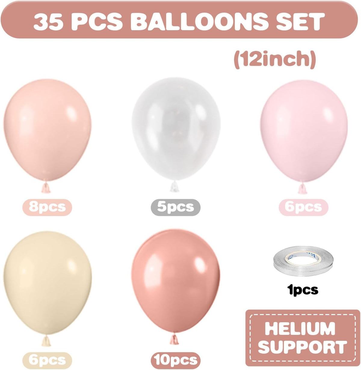 Dusty Pink Balloons, 12 Inch Pastel Pink Balloons, Blush Macaron Orange White Transparent Latex