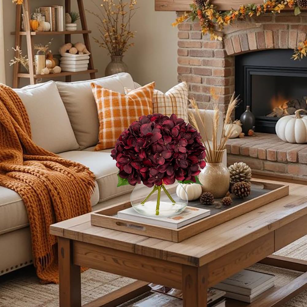 Hollyone Dark Red Fall Hydrangea Artificial Flowers for Decoration in Glass Vase Autumn Silk Faux