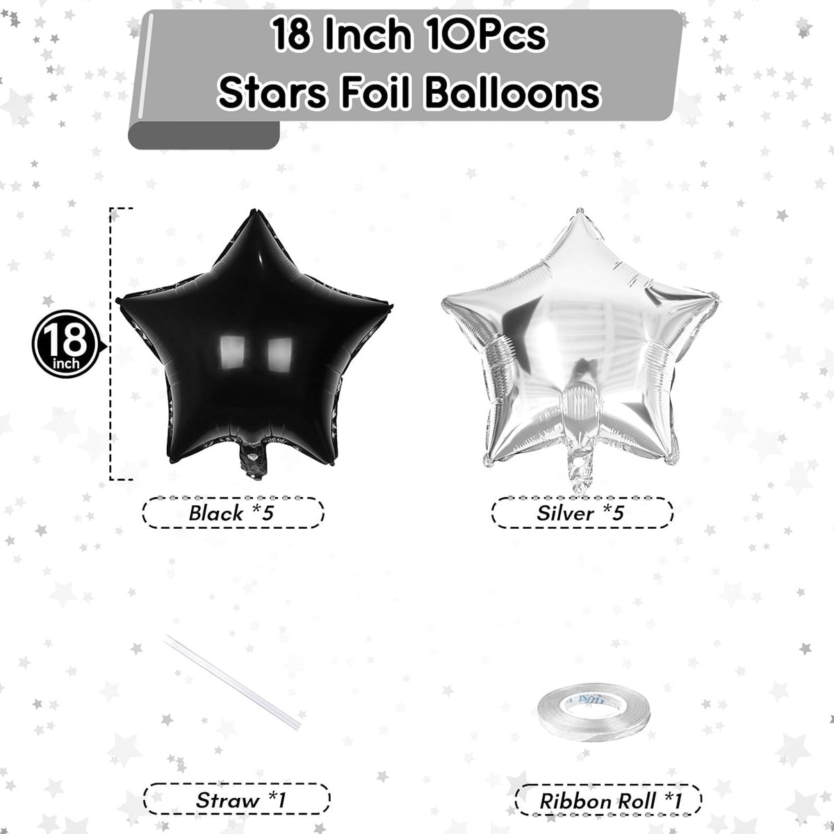 Black Silver Star Foil Balloons, 18 Inch Large Black and Metallic Silver Stars Shape Aluminum Foil